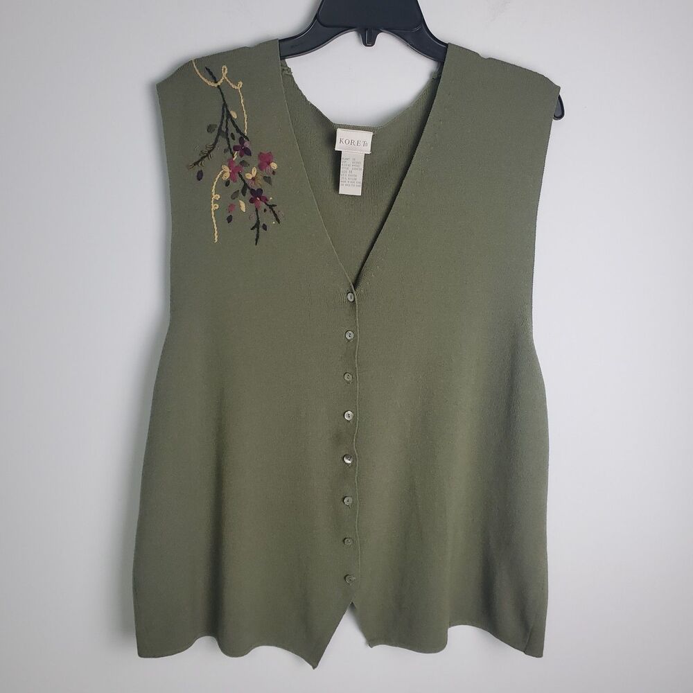 Vintage Green Ribbed Knit Button-Down Sleeveless Cardigan Size 1X